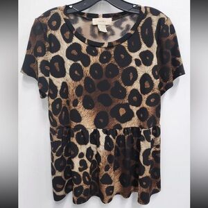 Diane Belle Womens Peplum Animal Print Top Large Brown Stretch Knit Short Sleeve